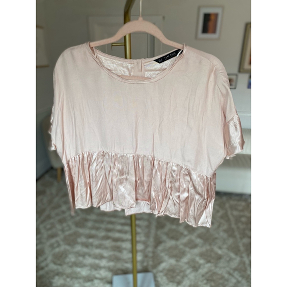 Zara Blush Ruffle Peplum Top Satin Feminine Coquette Romantic Flowy Bachelorette - Picture 2 of 6